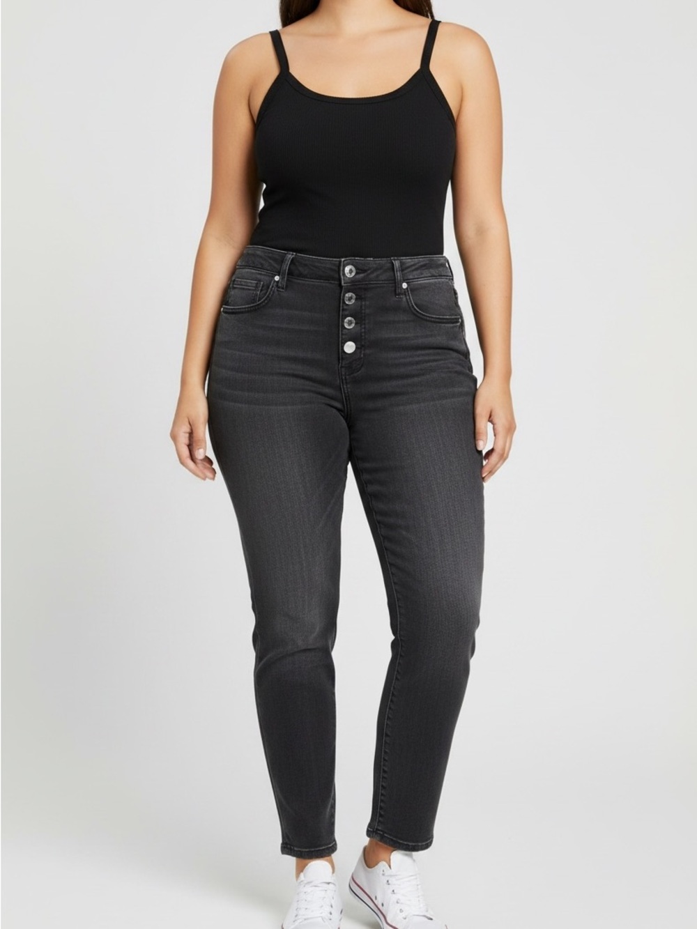 Flamingals High Rise Button Fly Distressed Black Skinny Jeans Women’s Large